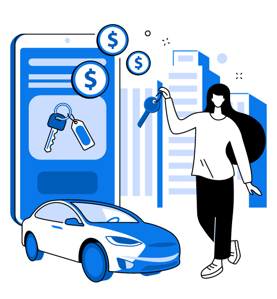 Gráfico mujer adquiriendo auto con crédito sobre ruedas